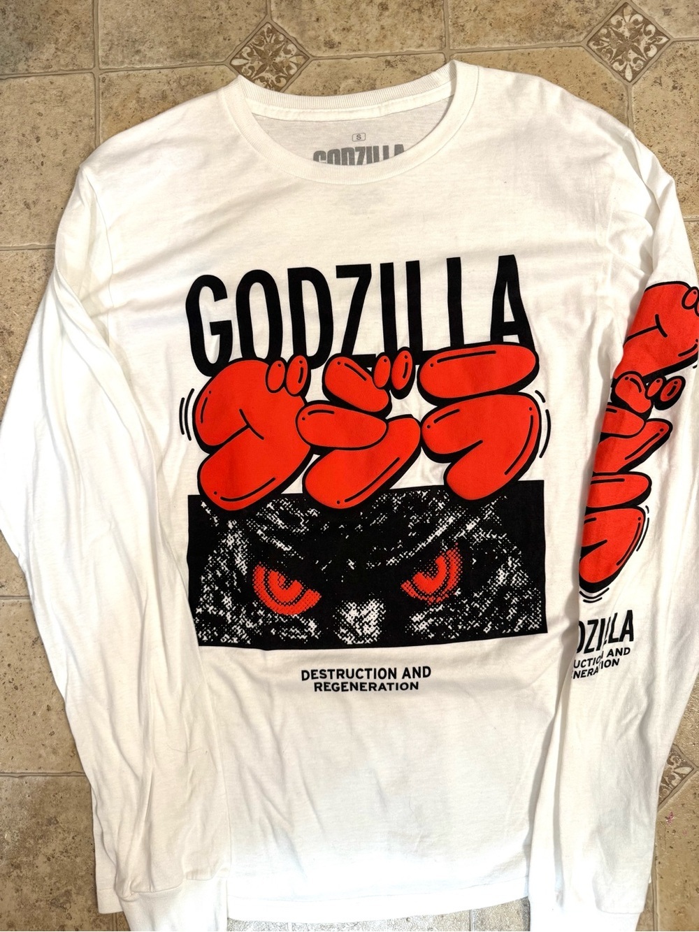 Men’s Ripple Junction Godzilla Long Sleeve White and Orange T-Shirt Sz Small